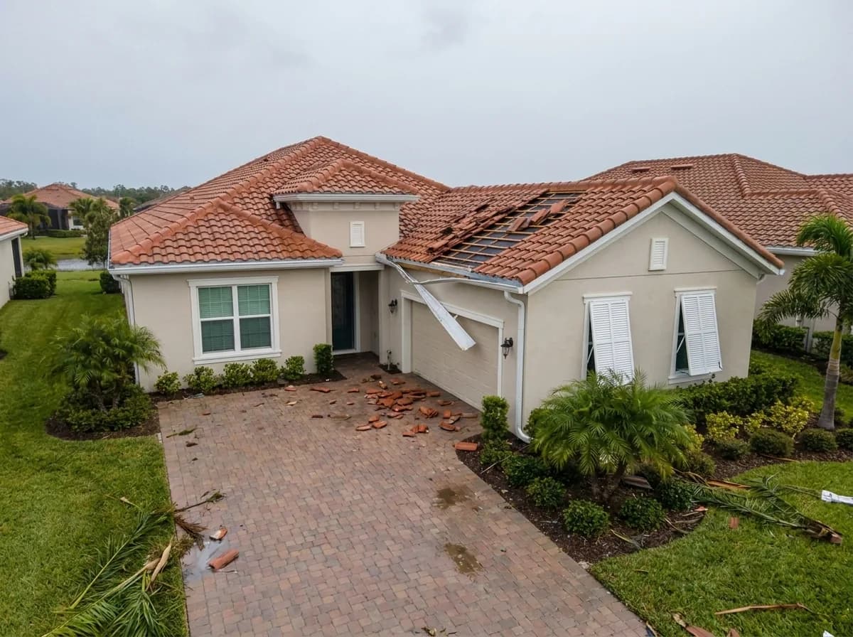 The same home after a hurricane, with roof tiles torn away, broken tiles across the driveway, and a section of soffit hanging loose.